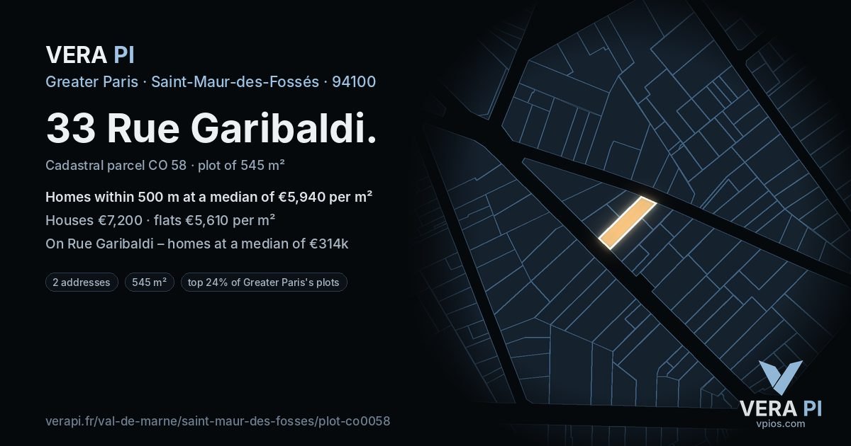 33 Rue Garibaldi, Saint-Maur-des-Fossés at night – the plot lit, the parcels around coloured by the prices near them