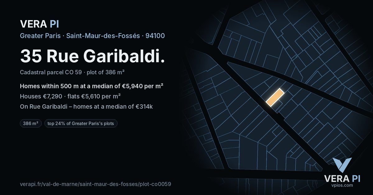 35 Rue Garibaldi, Saint-Maur-des-Fossés at night – the plot lit, the parcels around coloured by the prices near them