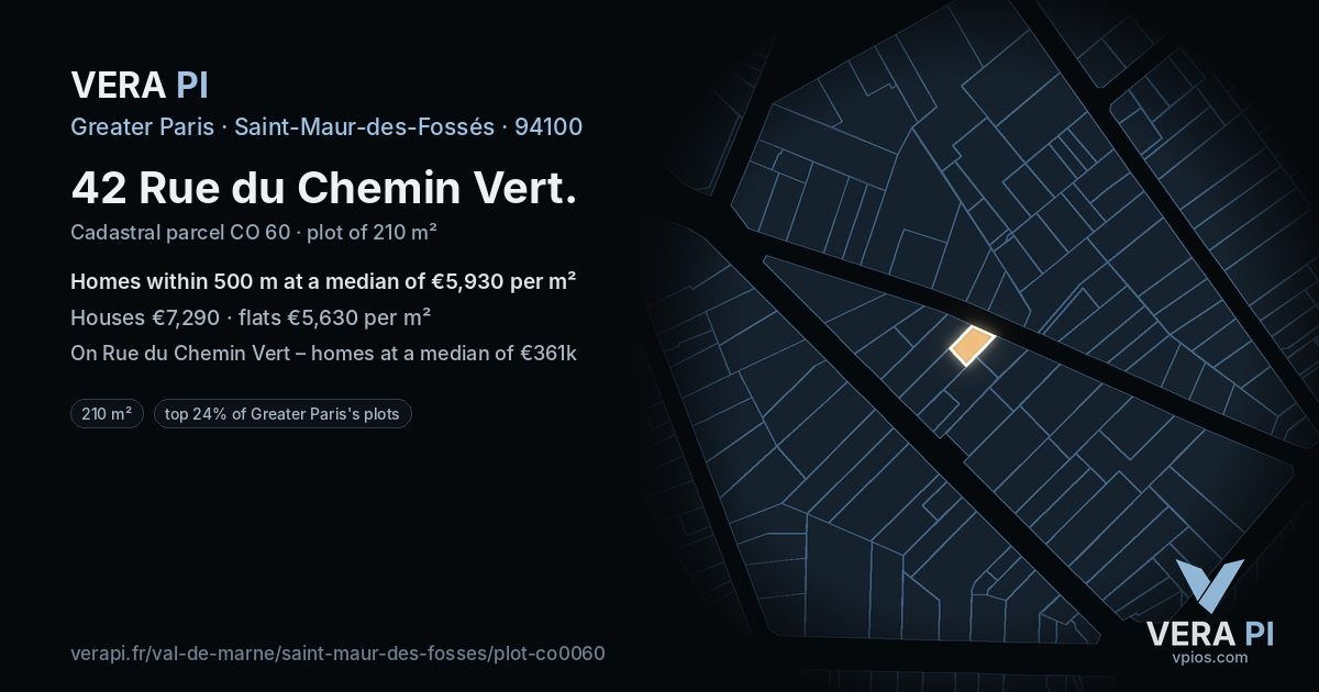 42 Rue du Chemin Vert, Saint-Maur-des-Fossés at night – the plot lit, the parcels around coloured by the prices near them