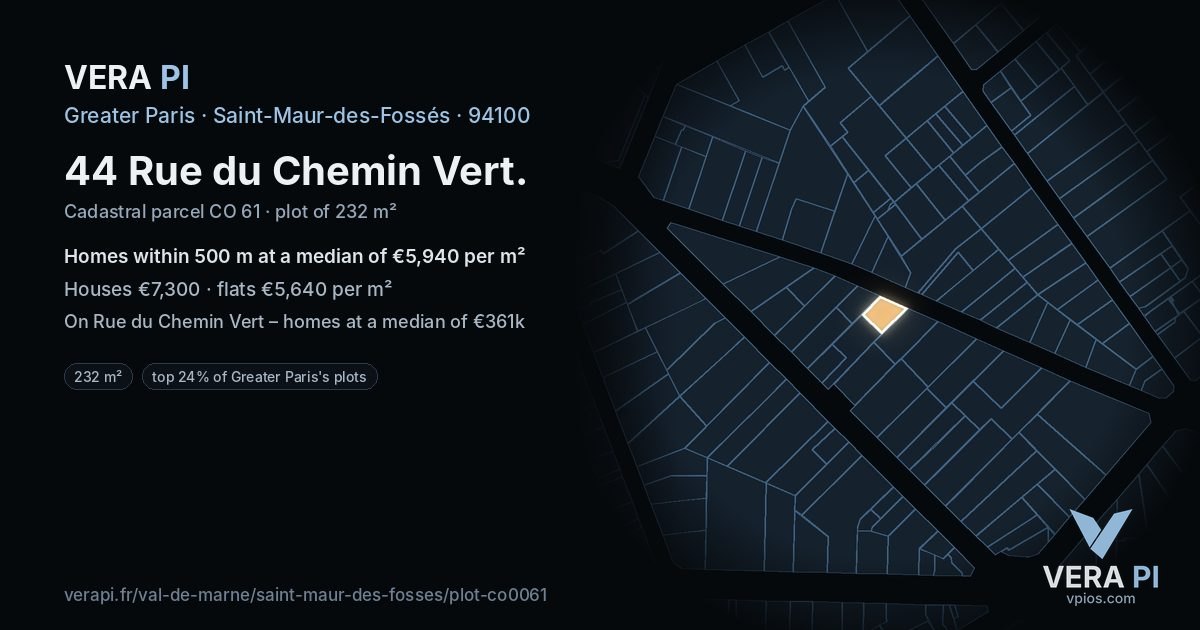 44 Rue du Chemin Vert, Saint-Maur-des-Fossés at night – the plot lit, the parcels around coloured by the prices near them
