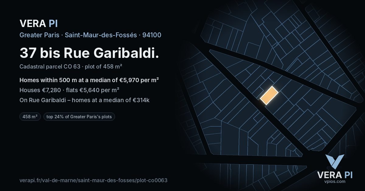 37 bis Rue Garibaldi, Saint-Maur-des-Fossés at night – the plot lit, the parcels around coloured by the prices near them