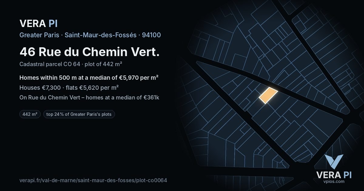 46 Rue du Chemin Vert, Saint-Maur-des-Fossés at night – the plot lit, the parcels around coloured by the prices near them