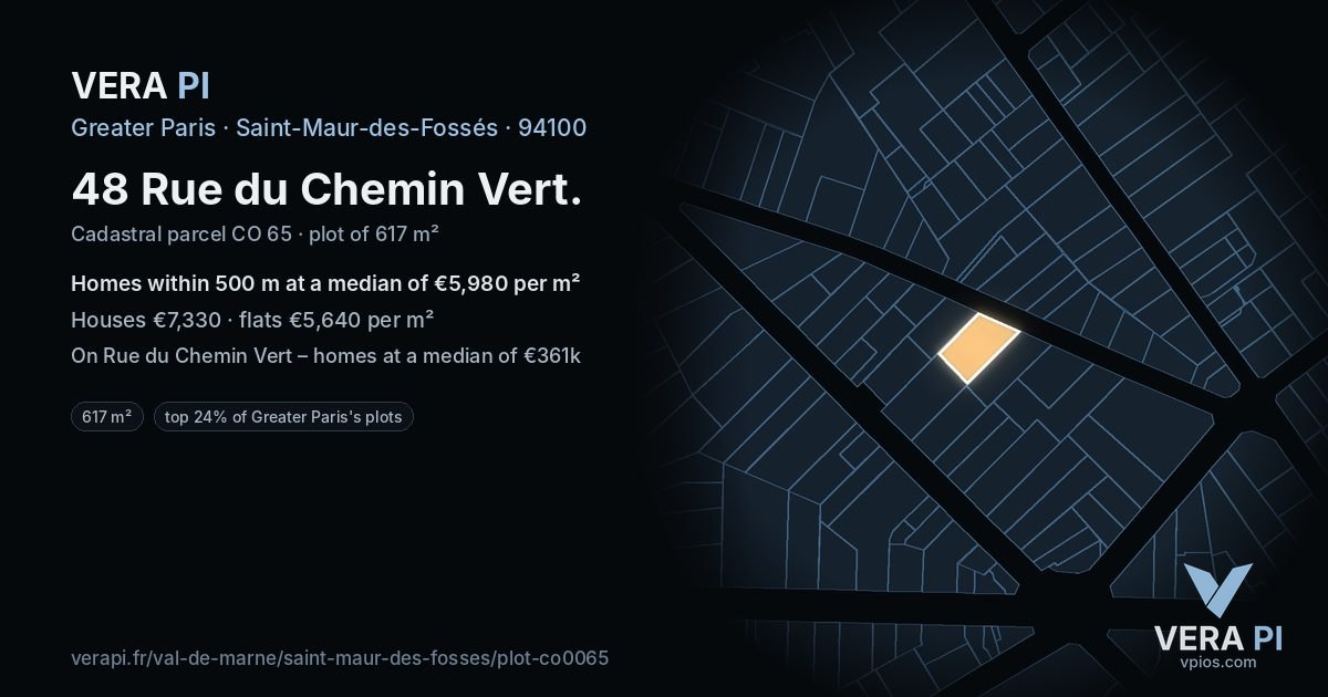 48 Rue du Chemin Vert, Saint-Maur-des-Fossés at night – the plot lit, the parcels around coloured by the prices near them