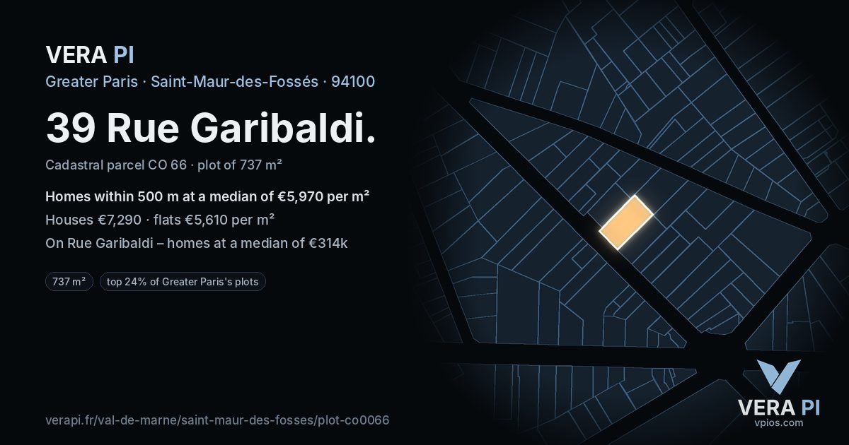 39 Rue Garibaldi, Saint-Maur-des-Fossés at night – the plot lit, the parcels around coloured by the prices near them