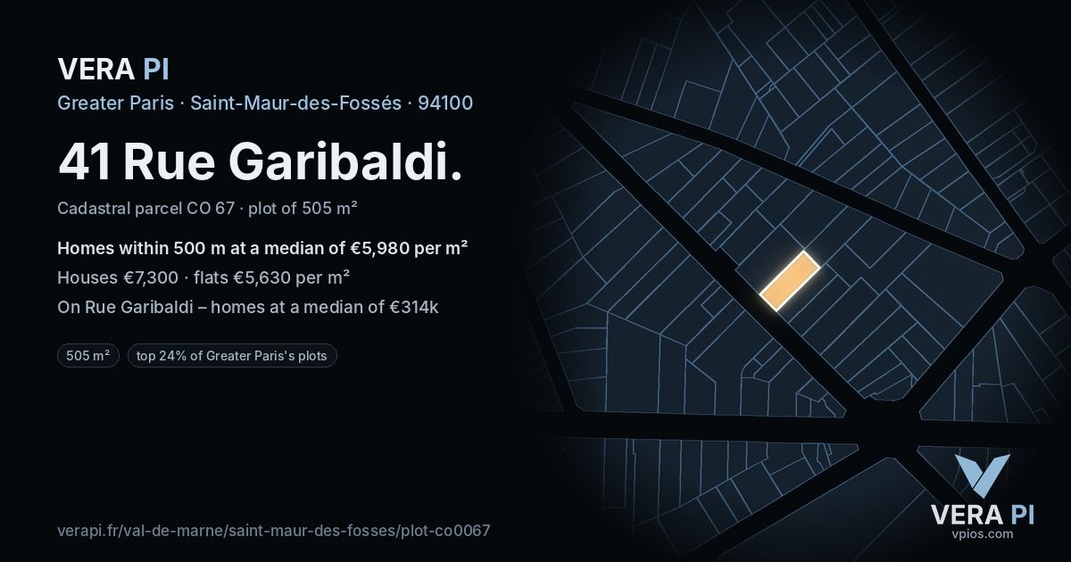 41 Rue Garibaldi, Saint-Maur-des-Fossés at night – the plot lit, the parcels around coloured by the prices near them