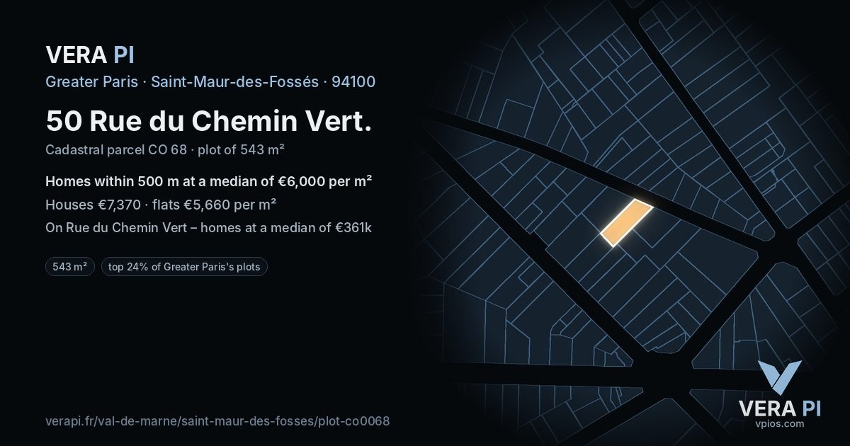 50 Rue du Chemin Vert, Saint-Maur-des-Fossés at night – the plot lit, the parcels around coloured by the prices near them