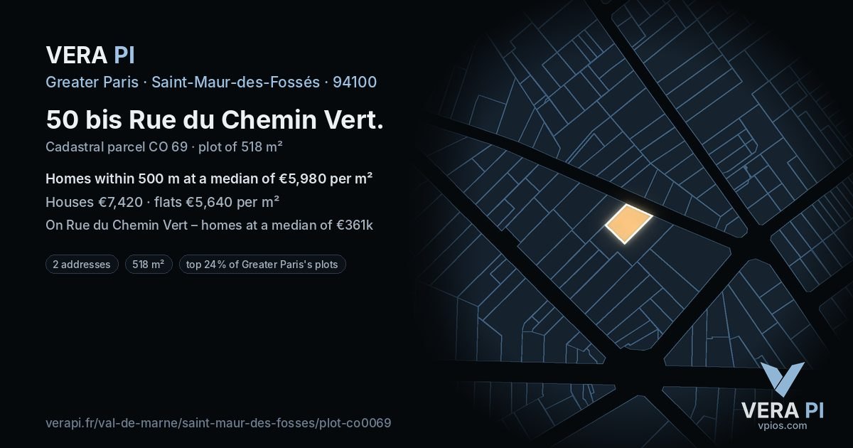 50 bis Rue du Chemin Vert, Saint-Maur-des-Fossés at night – the plot lit, the parcels around coloured by the prices near them