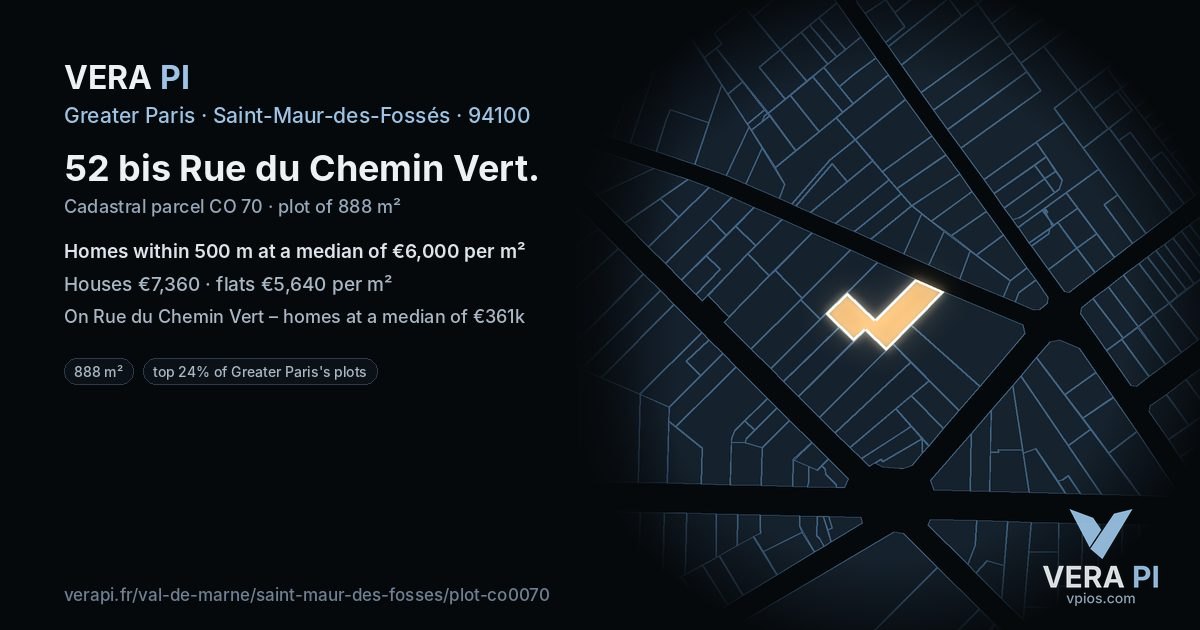 52 bis Rue du Chemin Vert, Saint-Maur-des-Fossés at night – the plot lit, the parcels around coloured by the prices near them