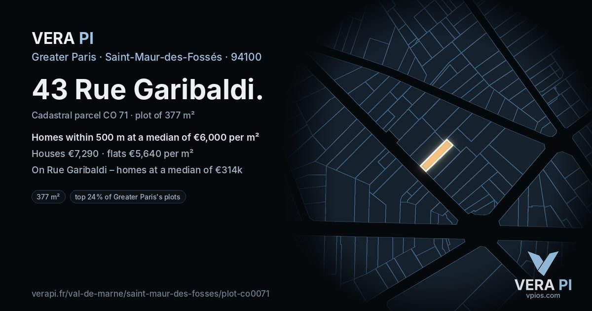 43 Rue Garibaldi, Saint-Maur-des-Fossés at night – the plot lit, the parcels around coloured by the prices near them