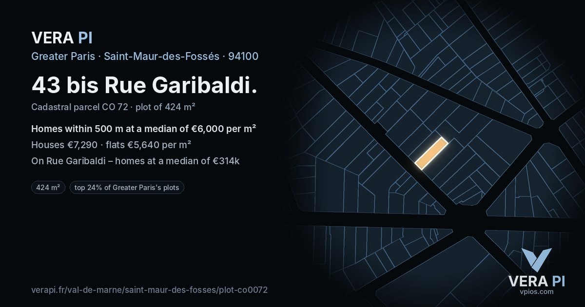 43 bis Rue Garibaldi, Saint-Maur-des-Fossés at night – the plot lit, the parcels around coloured by the prices near them