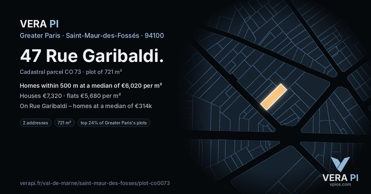 47 Rue Garibaldi, Saint-Maur-des-Fossés at night – the plot lit, the parcels around coloured by the prices near them