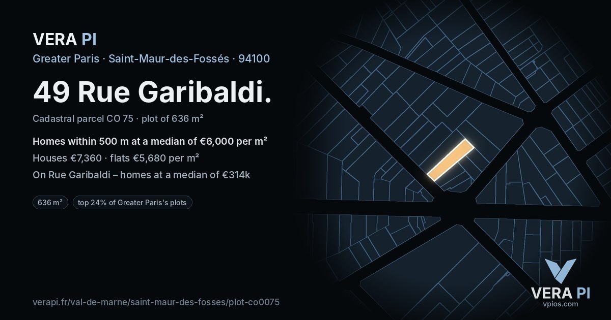 49 Rue Garibaldi, Saint-Maur-des-Fossés at night – the plot lit, the parcels around coloured by the prices near them