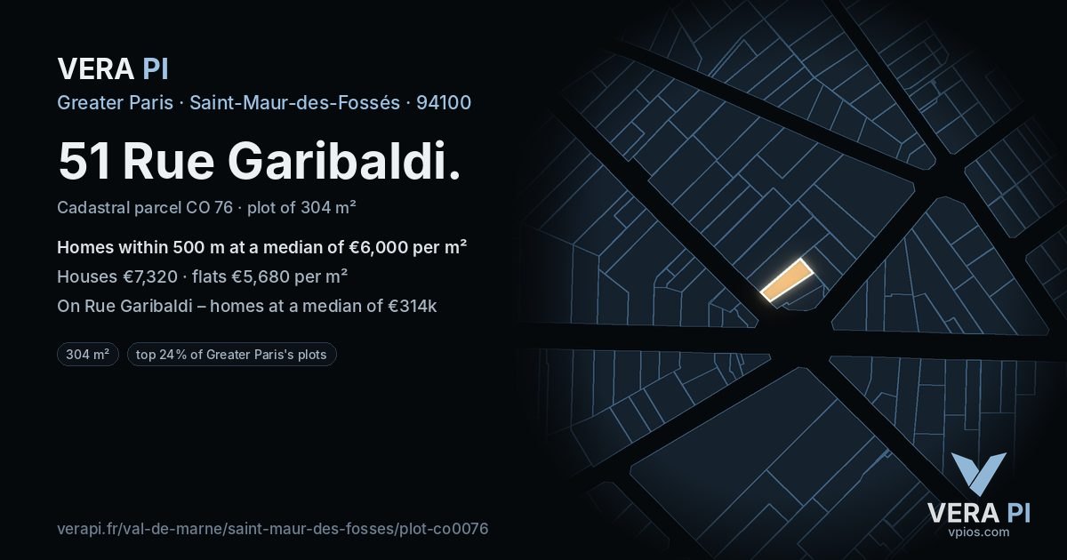51 Rue Garibaldi, Saint-Maur-des-Fossés at night – the plot lit, the parcels around coloured by the prices near them