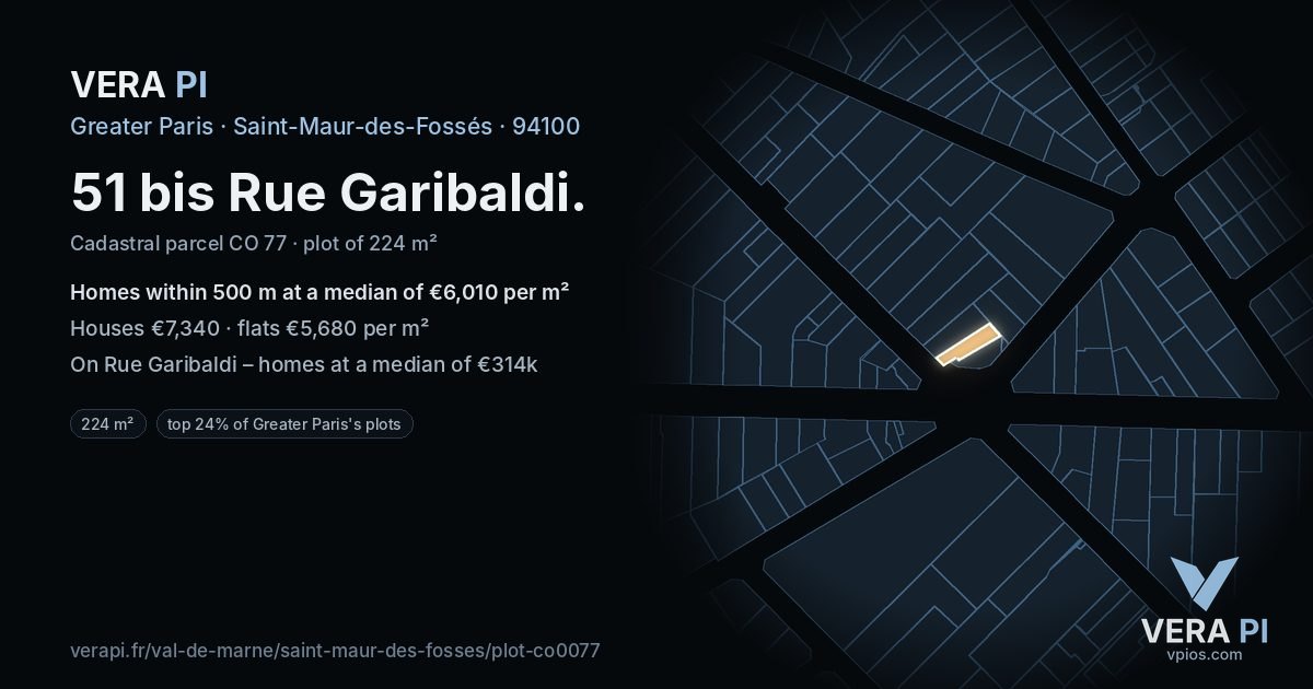 51 bis Rue Garibaldi, Saint-Maur-des-Fossés at night – the plot lit, the parcels around coloured by the prices near them