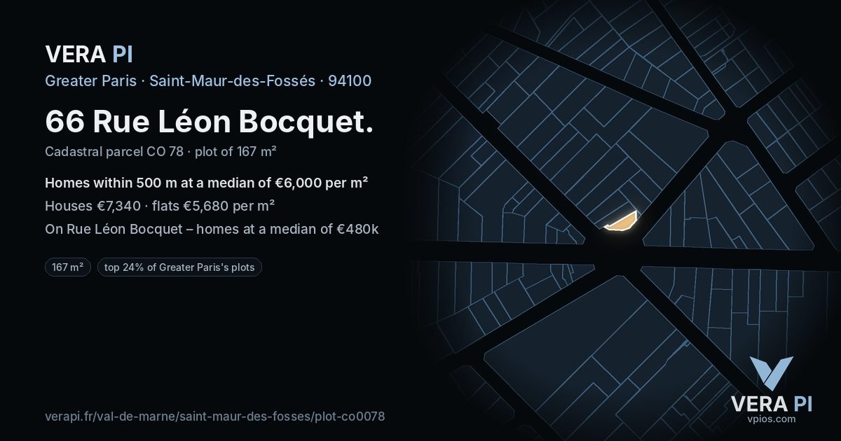 66 Rue Léon Bocquet, Saint-Maur-des-Fossés at night – the plot lit, the parcels around coloured by the prices near them