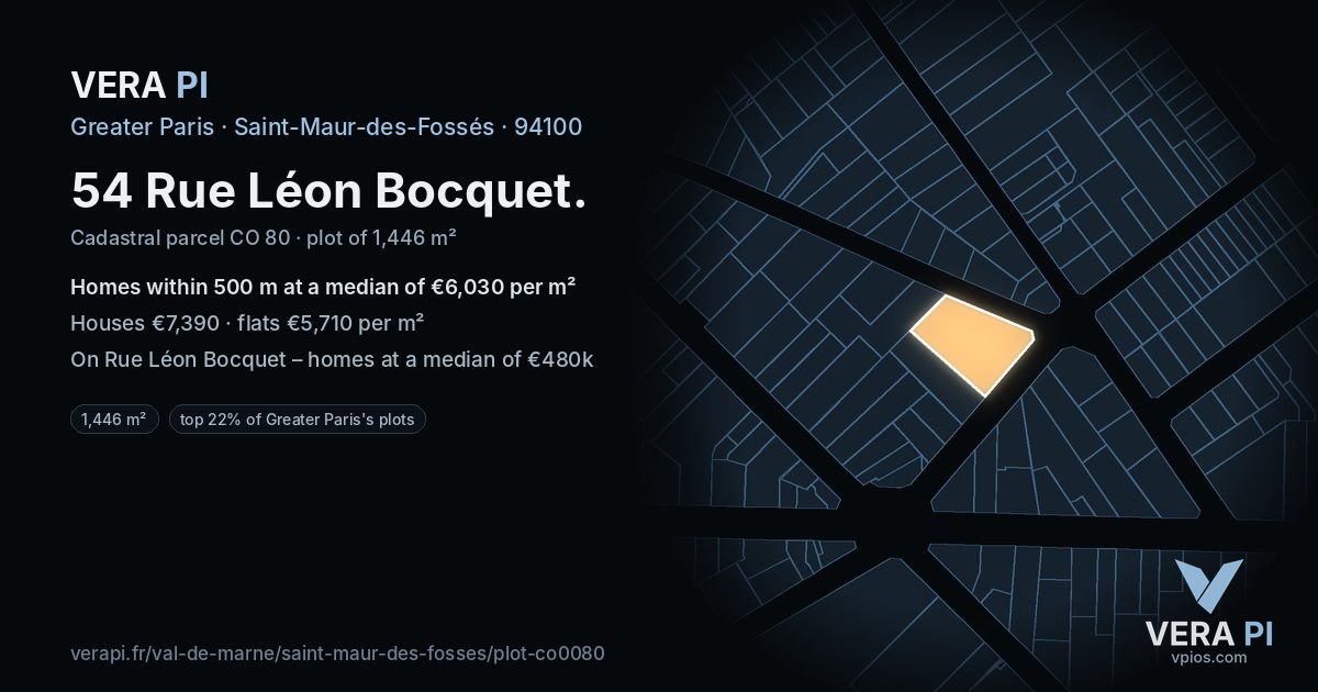 54 Rue Léon Bocquet, Saint-Maur-des-Fossés at night – the plot lit, the parcels around coloured by the prices near them
