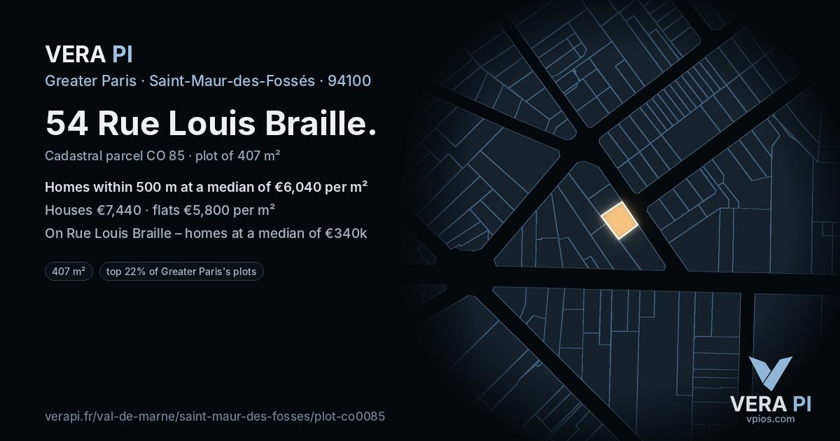 54 Rue Louis Braille, Saint-Maur-des-Fossés at night – the plot lit, the parcels around coloured by the prices near them
