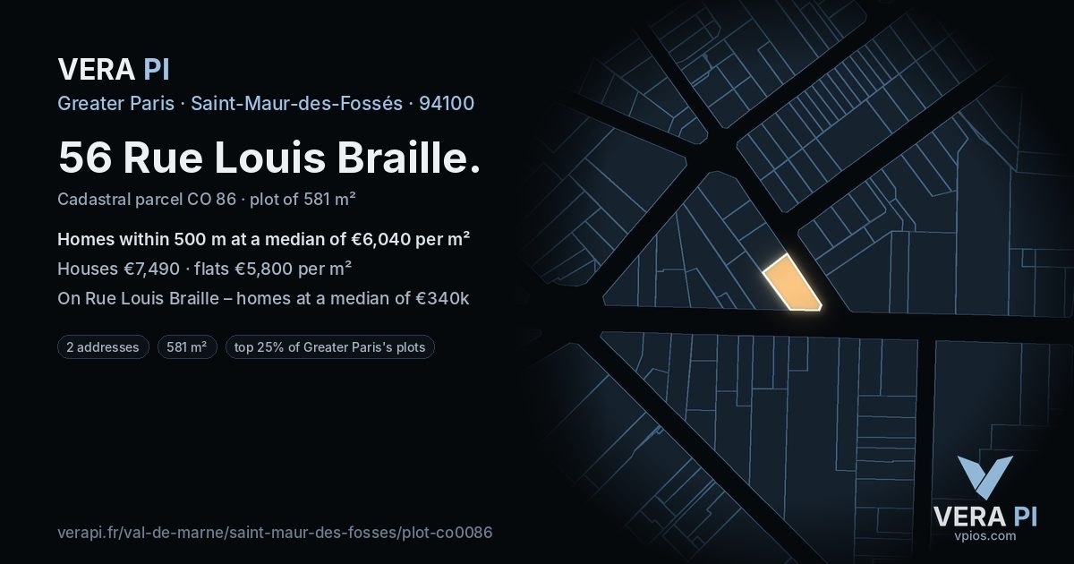 56 Rue Louis Braille, Saint-Maur-des-Fossés at night – the plot lit, the parcels around coloured by the prices near them
