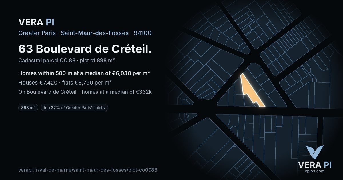 63 Boulevard de Créteil, Saint-Maur-des-Fossés at night – the plot lit, the parcels around coloured by the prices near them