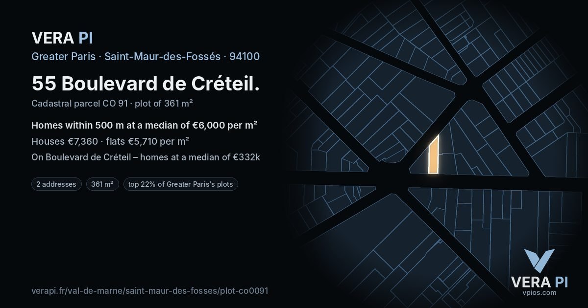 55 Boulevard de Créteil, Saint-Maur-des-Fossés at night – the plot lit, the parcels around coloured by the prices near them
