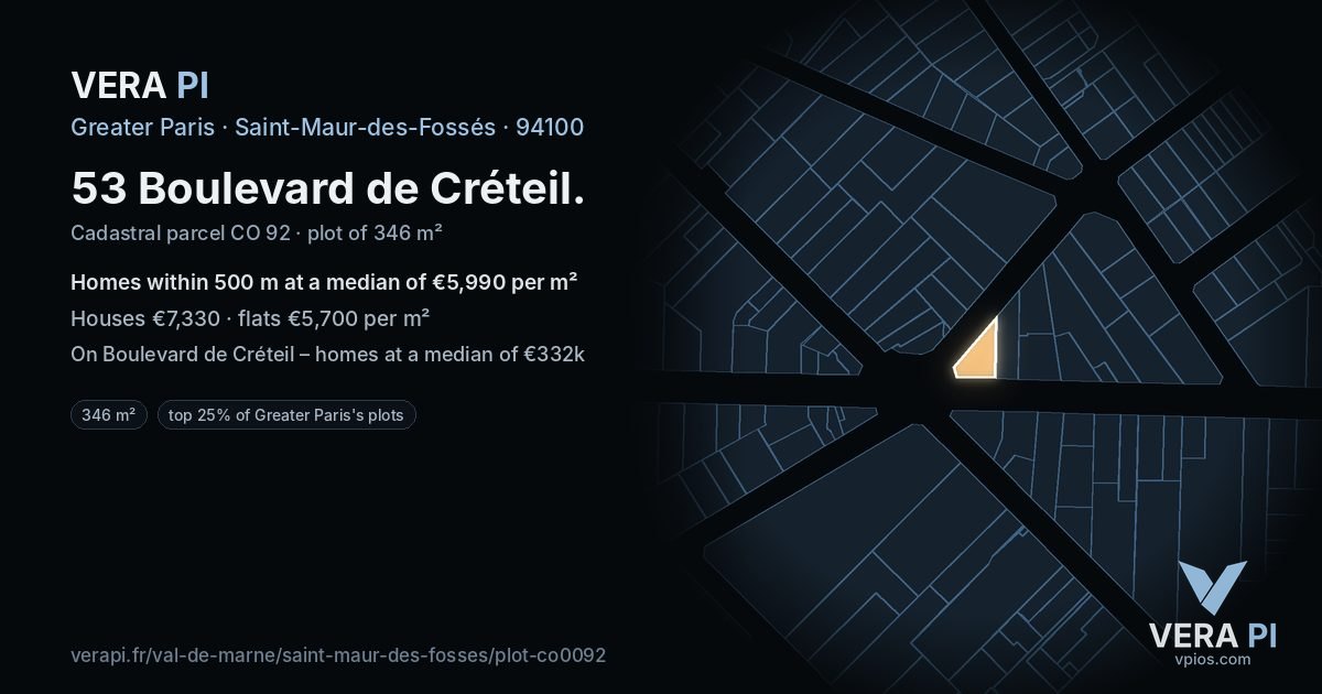 53 Boulevard de Créteil, Saint-Maur-des-Fossés at night – the plot lit, the parcels around coloured by the prices near them