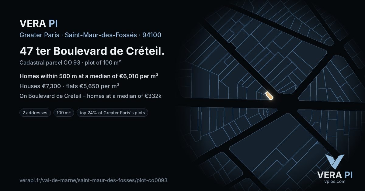 47 ter Boulevard de Créteil, Saint-Maur-des-Fossés at night – the plot lit, the parcels around coloured by the prices near them