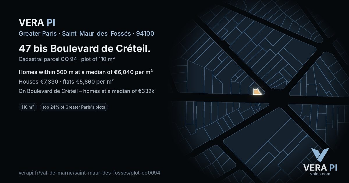 47 bis Boulevard de Créteil, Saint-Maur-des-Fossés at night – the plot lit, the parcels around coloured by the prices near them