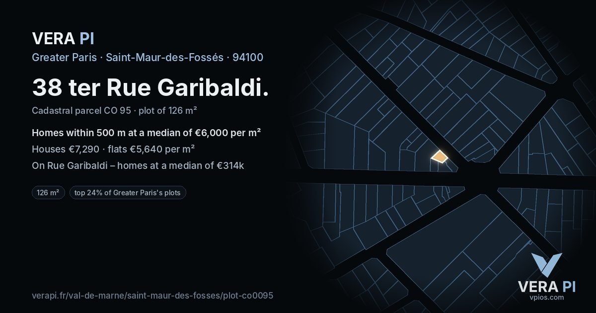 38 ter Rue Garibaldi, Saint-Maur-des-Fossés at night – the plot lit, the parcels around coloured by the prices near them