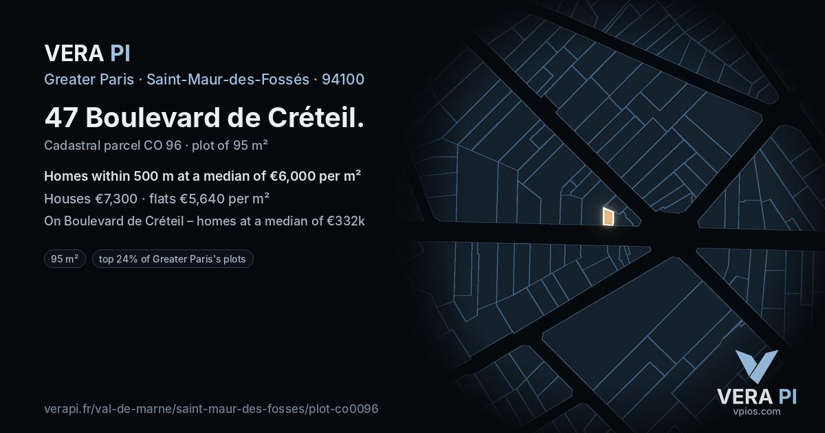 47 Boulevard de Créteil, Saint-Maur-des-Fossés at night – the plot lit, the parcels around coloured by the prices near them