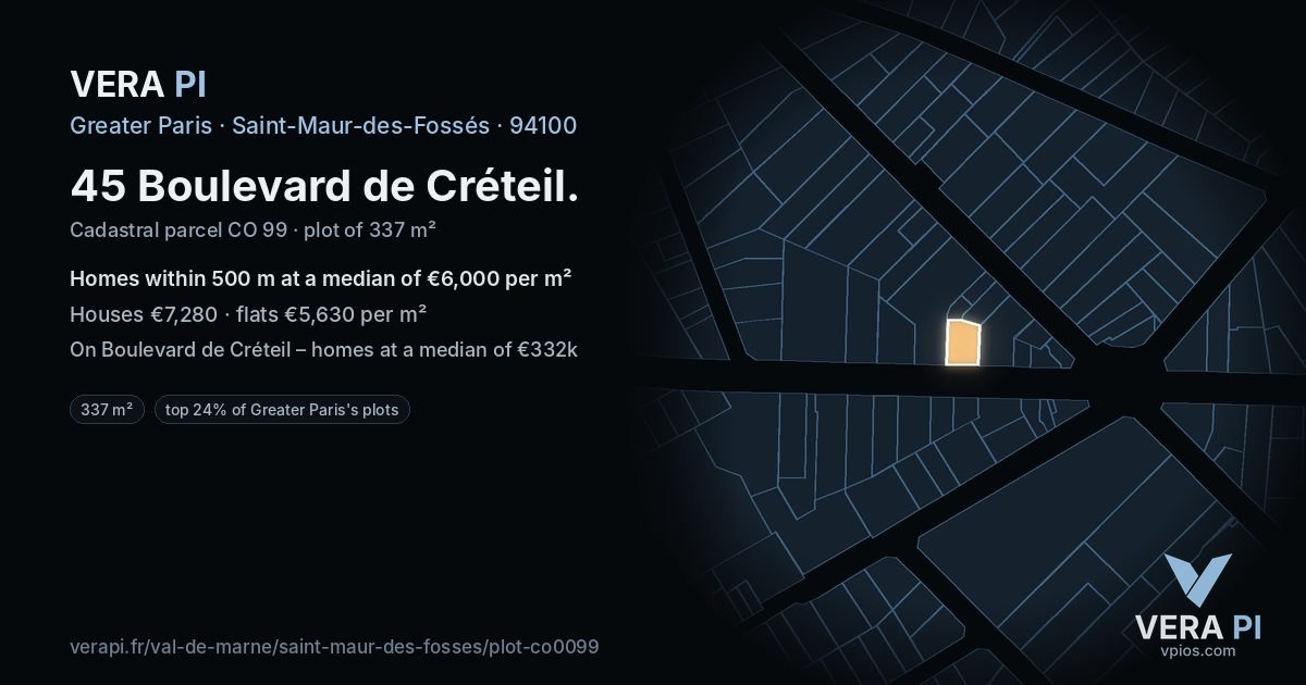 45 Boulevard de Créteil, Saint-Maur-des-Fossés at night – the plot lit, the parcels around coloured by the prices near them