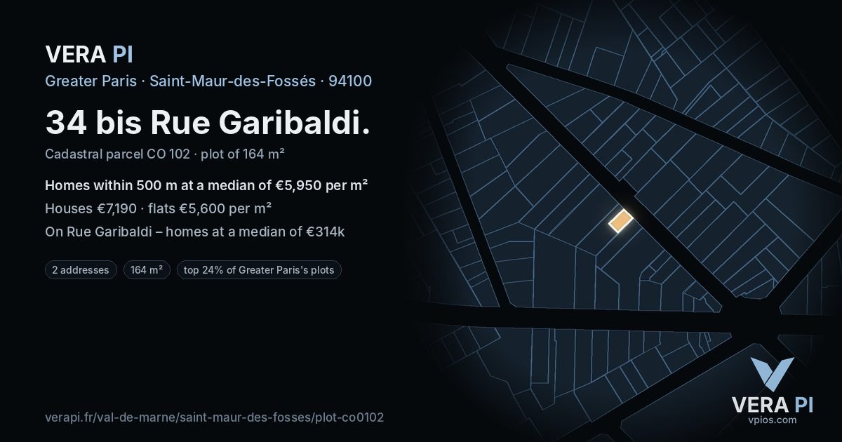 34 bis Rue Garibaldi, Saint-Maur-des-Fossés at night – the plot lit, the parcels around coloured by the prices near them