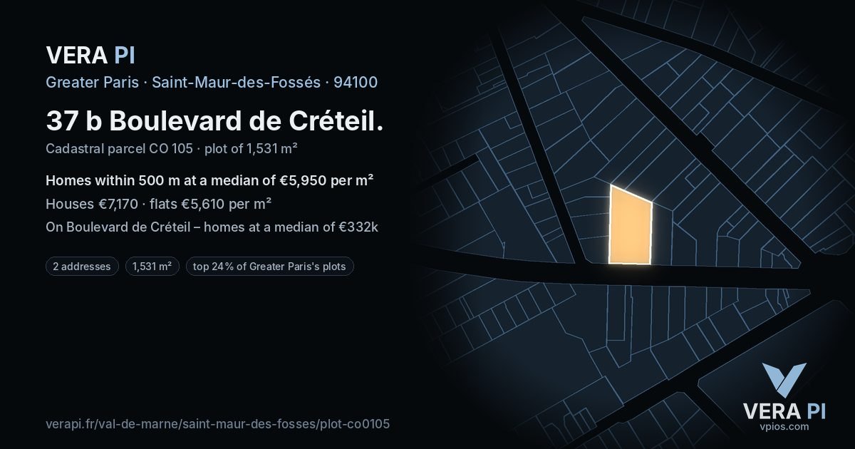 37 b Boulevard de Créteil, Saint-Maur-des-Fossés at night – the plot lit, the parcels around coloured by the prices near them