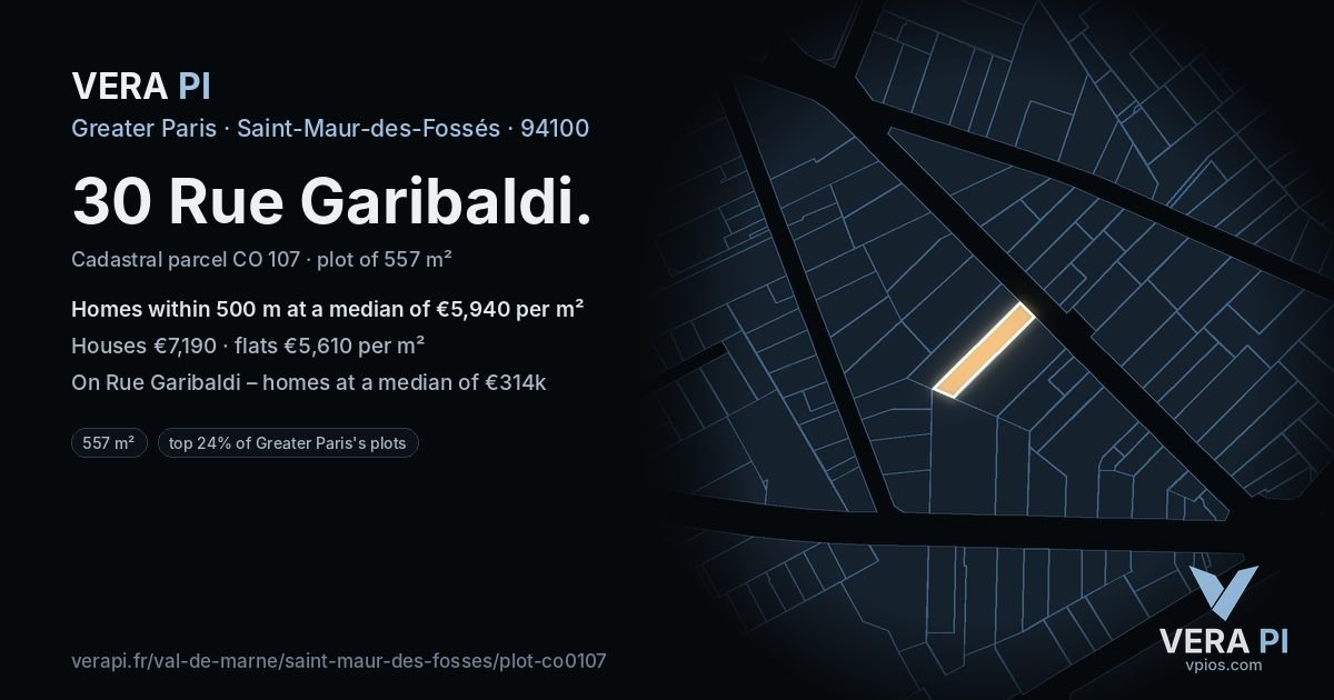 30 Rue Garibaldi, Saint-Maur-des-Fossés at night – the plot lit, the parcels around coloured by the prices near them