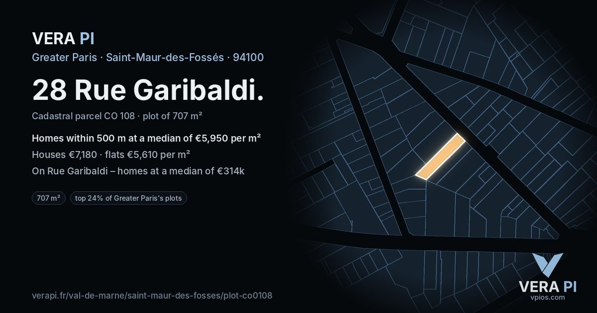28 Rue Garibaldi, Saint-Maur-des-Fossés at night – the plot lit, the parcels around coloured by the prices near them