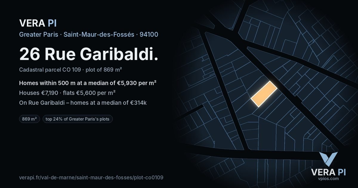 26 Rue Garibaldi, Saint-Maur-des-Fossés at night – the plot lit, the parcels around coloured by the prices near them