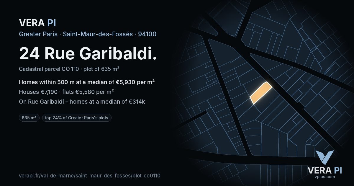 24 Rue Garibaldi, Saint-Maur-des-Fossés at night – the plot lit, the parcels around coloured by the prices near them