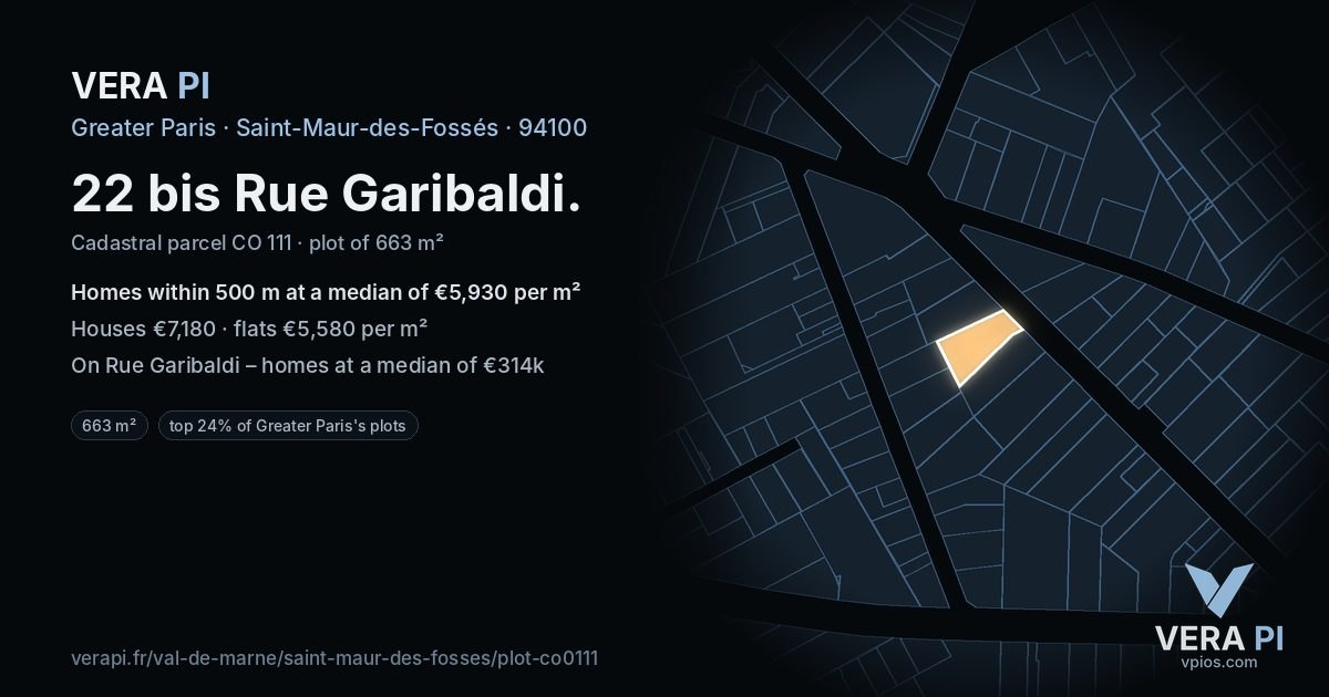 22 bis Rue Garibaldi, Saint-Maur-des-Fossés at night – the plot lit, the parcels around coloured by the prices near them