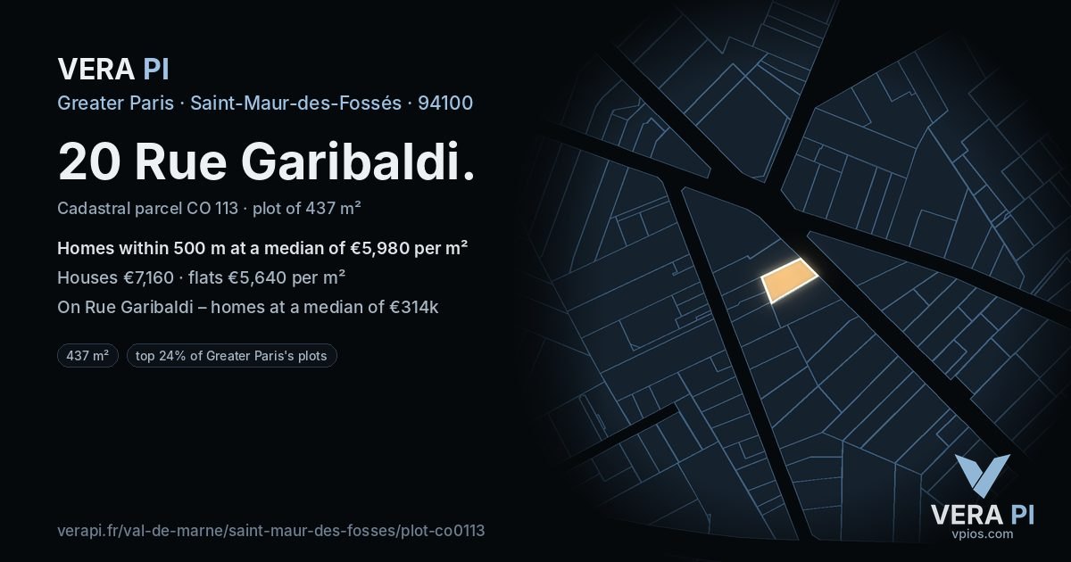 20 Rue Garibaldi, Saint-Maur-des-Fossés at night – the plot lit, the parcels around coloured by the prices near them