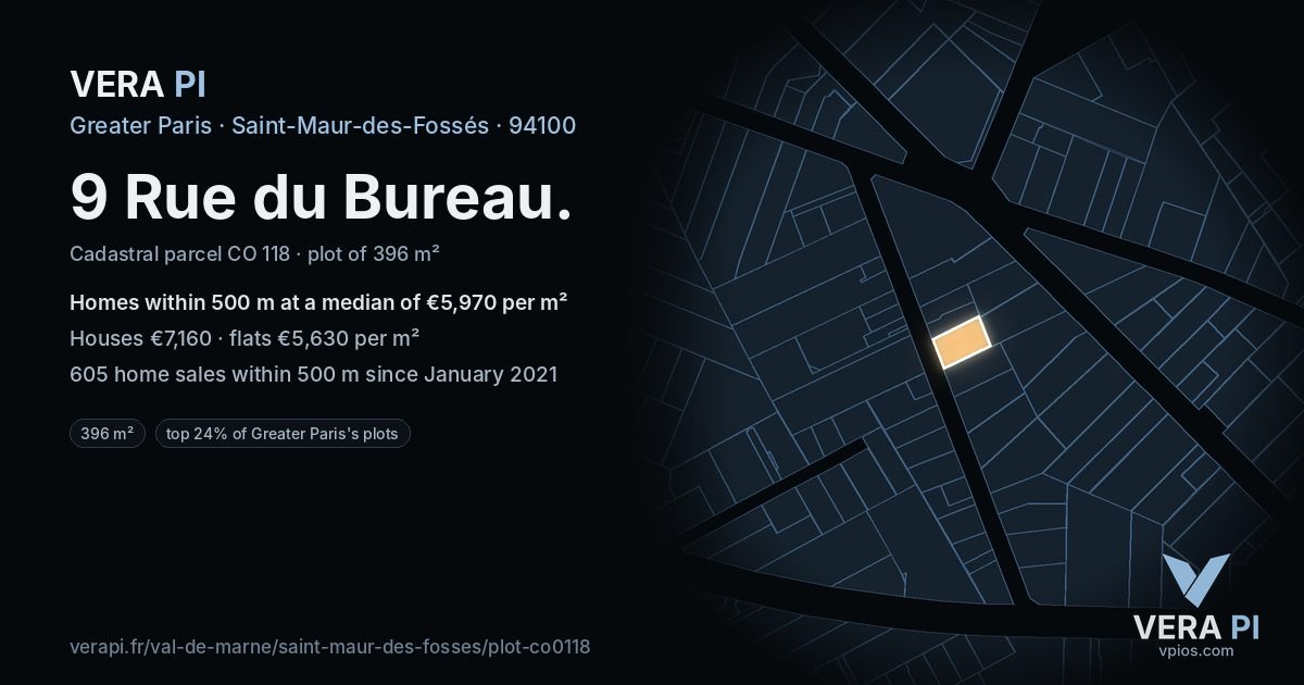 9 Rue du Bureau, Saint-Maur-des-Fossés at night – the plot lit, the parcels around coloured by the prices near them
