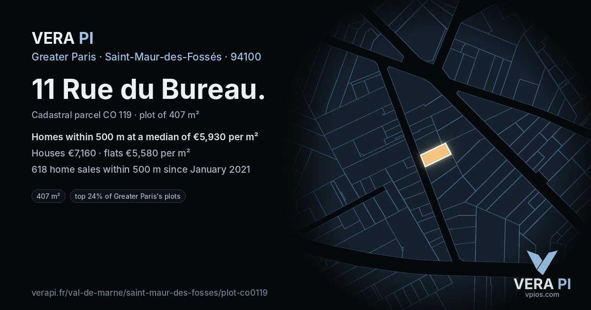 11 Rue du Bureau, Saint-Maur-des-Fossés at night – the plot lit, the parcels around coloured by the prices near them