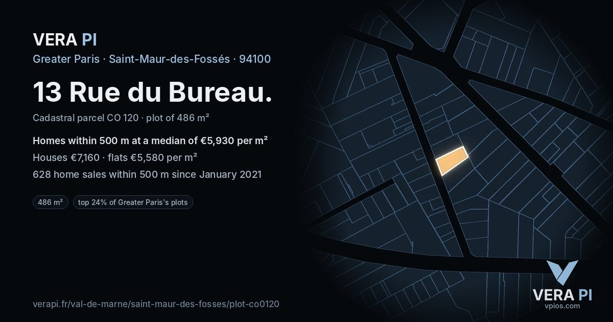 13 Rue du Bureau, Saint-Maur-des-Fossés at night – the plot lit, the parcels around coloured by the prices near them