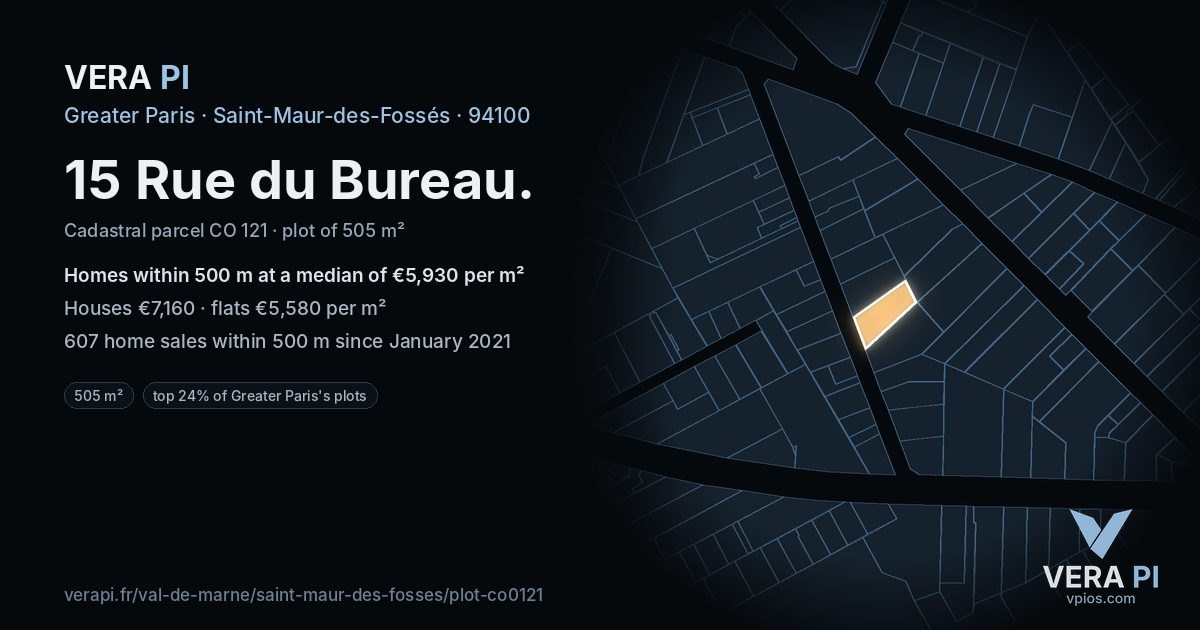 15 Rue du Bureau, Saint-Maur-des-Fossés at night – the plot lit, the parcels around coloured by the prices near them