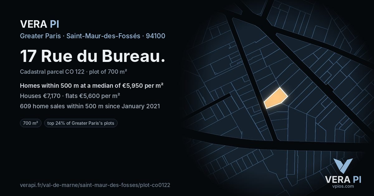 17 Rue du Bureau, Saint-Maur-des-Fossés at night – the plot lit, the parcels around coloured by the prices near them
