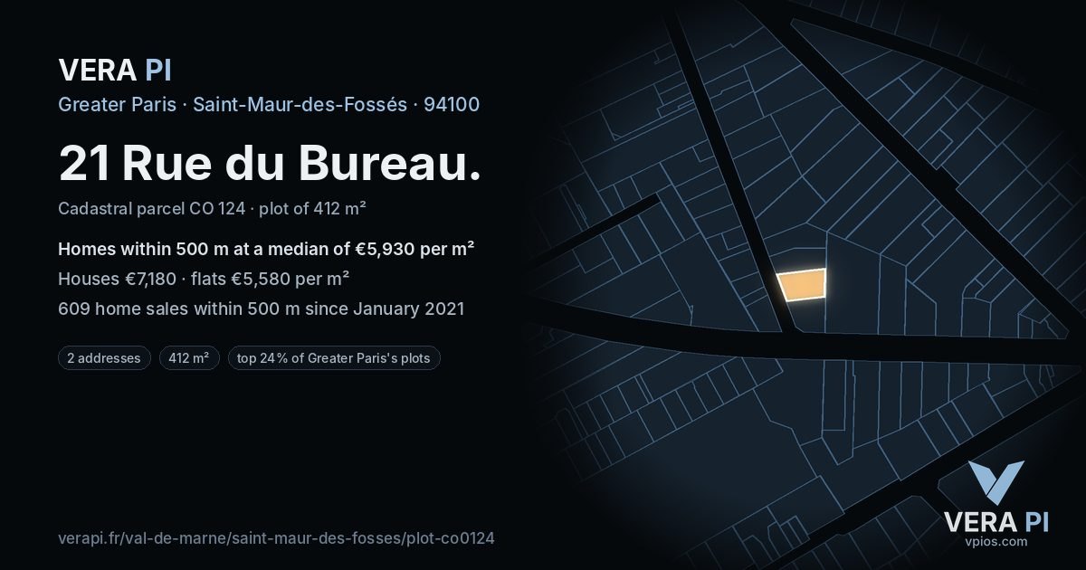 21 Rue du Bureau, Saint-Maur-des-Fossés at night – the plot lit, the parcels around coloured by the prices near them