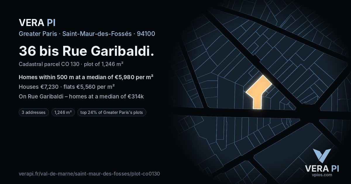 36 bis Rue Garibaldi, Saint-Maur-des-Fossés at night – the plot lit, the parcels around coloured by the prices near them