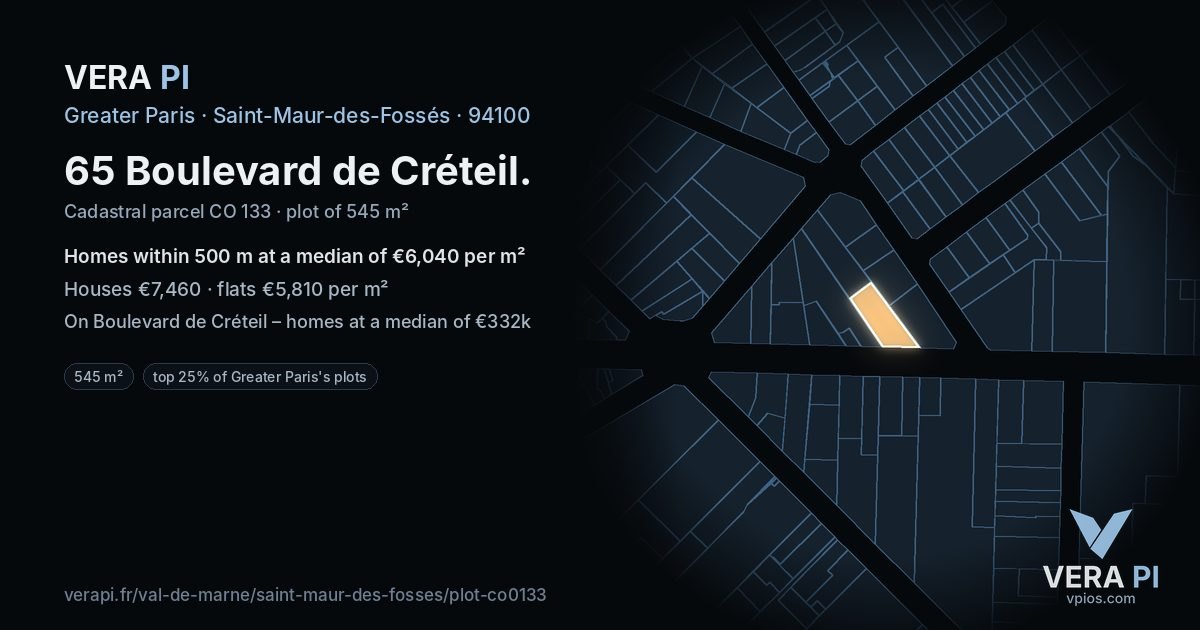 65 Boulevard de Créteil, Saint-Maur-des-Fossés at night – the plot lit, the parcels around coloured by the prices near them
