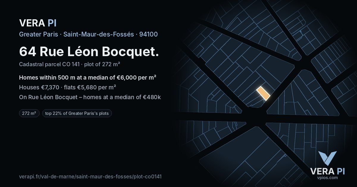 64 Rue Léon Bocquet, Saint-Maur-des-Fossés at night – the plot lit, the parcels around coloured by the prices near them