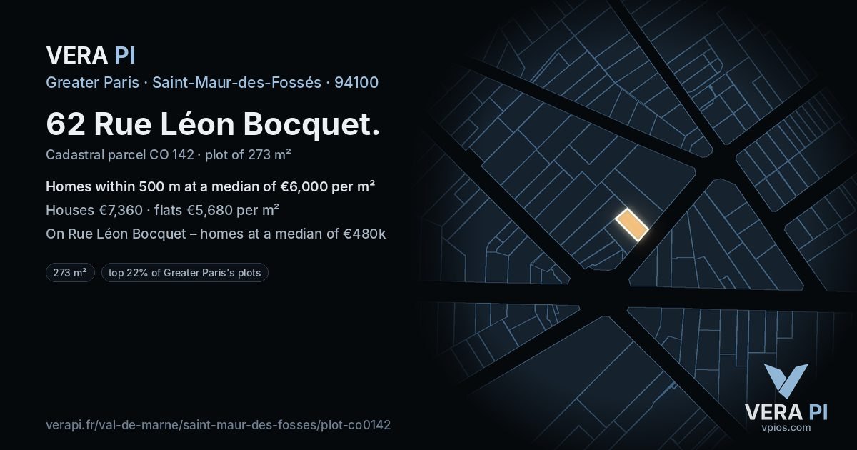 62 Rue Léon Bocquet, Saint-Maur-des-Fossés at night – the plot lit, the parcels around coloured by the prices near them