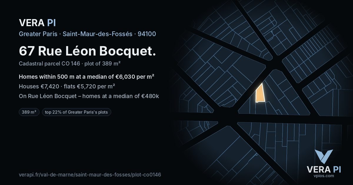 67 Rue Léon Bocquet, Saint-Maur-des-Fossés at night – the plot lit, the parcels around coloured by the prices near them