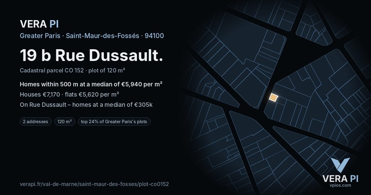 19 b Rue Dussault, Saint-Maur-des-Fossés at night – the plot lit, the parcels around coloured by the prices near them